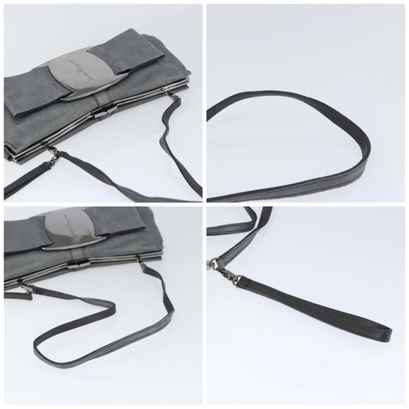 Salvatore Ferragamo Vala Shoulder Bag Suede Gray Silver Auth 149149 - Picture 16 of 16